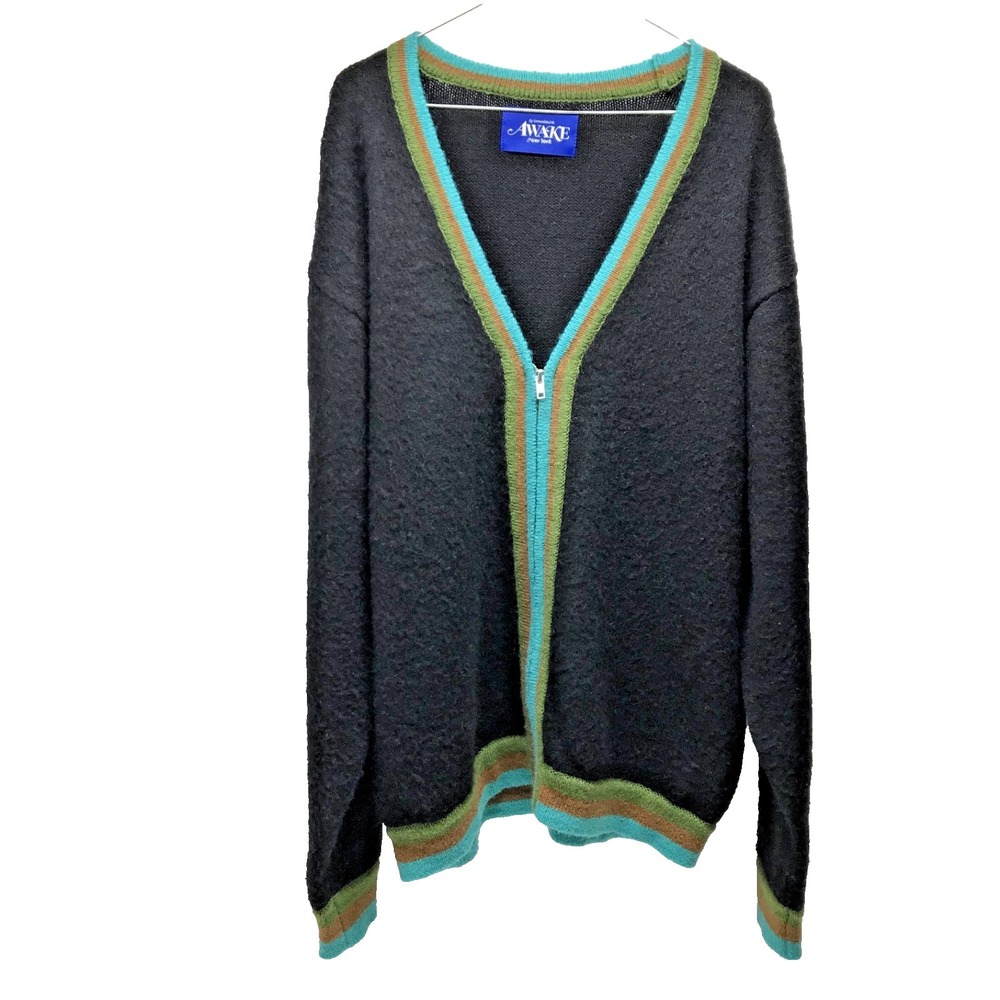 AWAKE Cardigan Knit‎ sweater Mens Large Black striped Mohair Sleeve Green Retro